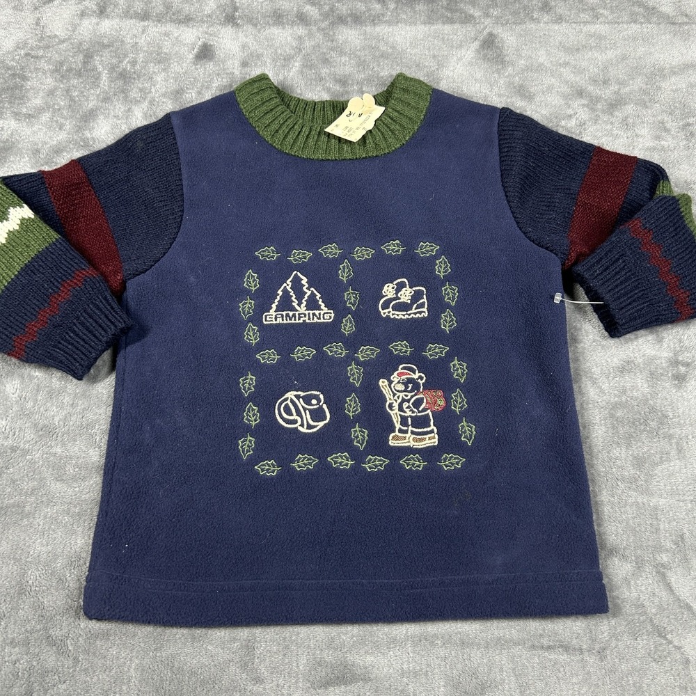 b.t. kids Boys 2T Vintage Camping Bear Fleece Knit Sleeve Sweater Navy Blue